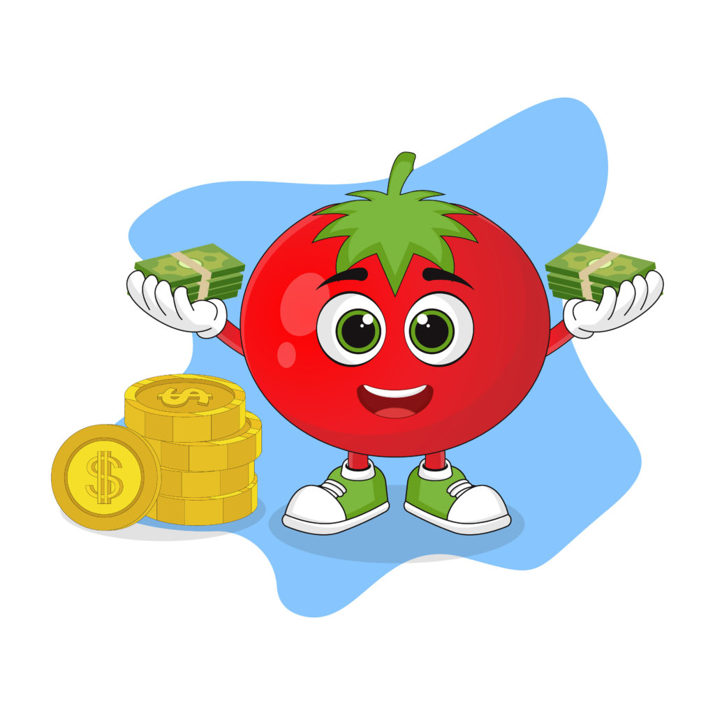 Cute Cartoon Tomato with Much Money